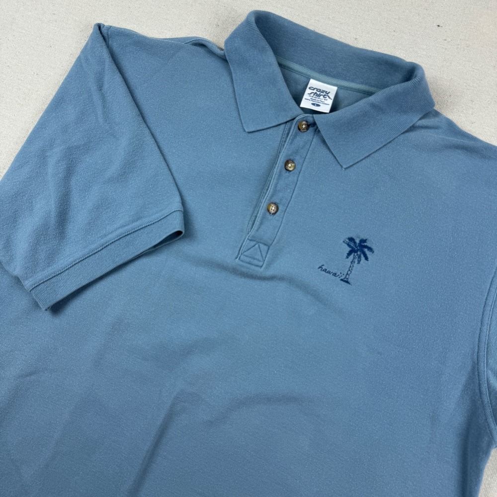 Crazy Shirt Hawaii Large Polo Shirt Mens Blue Peruvian Cotton Palm Tree Logo